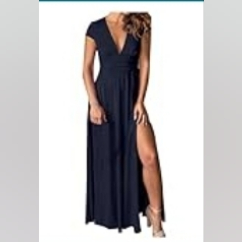 Firzero Deep V-Neck Maxi Dress with High Slit on one side- Size Large Blue